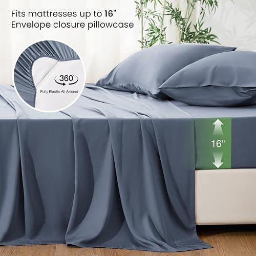 Love's cabin 4 Piece Full Size Sheet Set, 100% Rayon Derived from Bamboo, Cooling & Breathable, Soft Silky Deep Pocket up to 16", Hotel Luxury Bedding for Hot Sleepers, Bluish Grey thumbnail 4