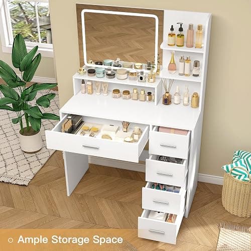 Quimoo Makeup Vanity Desk with LIighted Mirror, Vanity Desk with 5 Drawers & Storage Shelves, Vanity Table, 3 Color Modes & Adjustable Brightness Dressing Table, Bedroom thumbnail 4