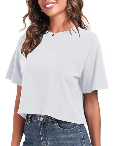 PRIMODA Women's Oversized Workout Cropped T Shirts Crew Neck Short Sleeve Casual Loose Summer Crop Tee Tops Cotton thumbnail 2