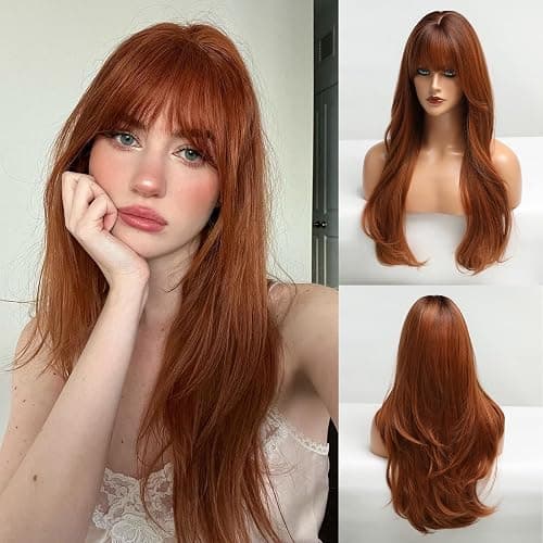 HAIRCUBE Long Auburn Wig with Bangs Layered Curly Orange Wigs for Women Natural Synthetic Wigs for Daily Use (pelucas de cabello natural) - Image 1