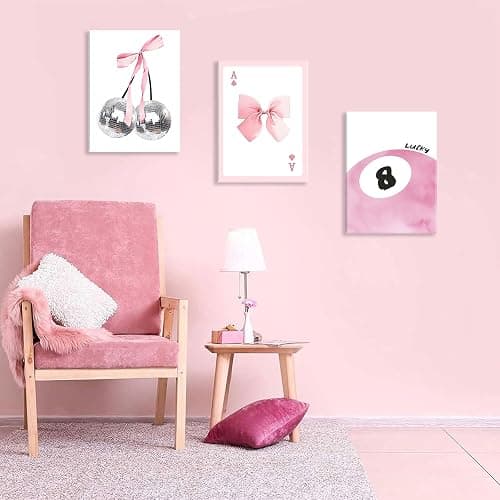 Framed Pink Canvas Wall Decor Set of 3, Pink Bow Wall Art Oil Painting, Girls Preppy Room Decor Picture, Trendy Disco Ball Print Poster for Teen Girl Apartment Bedroom Living Room Aesthetic 12x16 Inch thumbnail 9