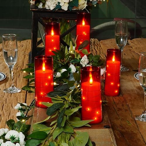 Raycare Valentines Day Flameless Candles with Embedded Star String, 5 Pcs Battery Operated Acrylic Pillar Candles with Timer and Remote, LED Candles for Romantic Ambiance and Home Decoration(Red) - Red thumbnail 4