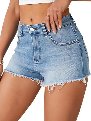 Vrtige Women's High Waisted Denim Shorts Frayed Raw Hem Jeans Shorts thumbnail 4