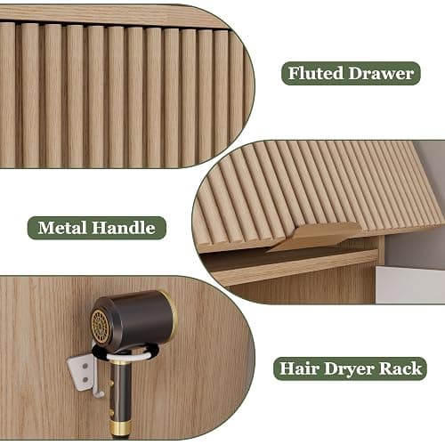 Royal Windsor Makeup Vanity Desk with Mirror and Lights, Corner Vanity Desk, 3 Color Touch Screen Led Mirror, High-Capacity Storage, Girls Vanity Combo，Natural Oak thumbnail 8
