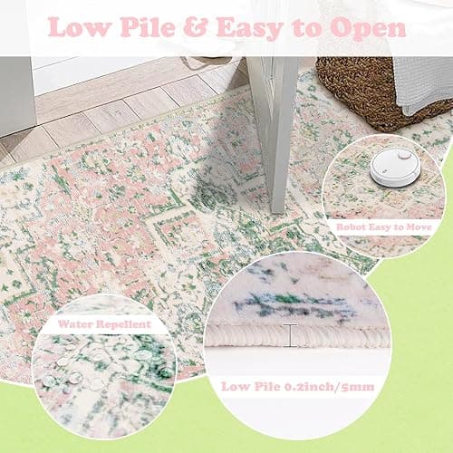 DELISEPT 5x7 Washable Area Rugs for Bedroom Girls Soft Boho Vintage Floor Carpet Non-Slip Oriental Pink Rug for Bedside Nursery Living Room Dinning Room, Light Green and Pink Rug - 5' x 7' (Rectangular) - Pink and Green thumbnail 4