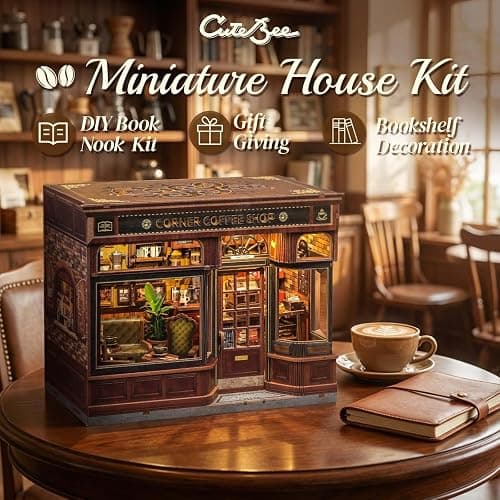 CUTEBEE Book Nook Kit - DIY Miniature House Coffee Shop Dollhouse Kit for Adults, Booknook Tiny House Bookshelf Decor 3D Wooden Puzzle, Gifts for Family, Friends (Corner Coffee Shop) thumbnail 5