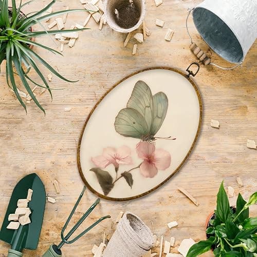Hiuwevt Green Butterfly Oval Wall Art Decor, Vintage Pink Floral Butterfly Moth Framed Canvas Prints, Retro Cottagrcore Floral Round Wall Hanging Decor for Bedroom Home Decorations, 8.6x11.4 Inches thumbnail 6