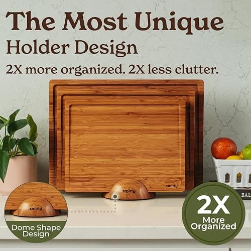SMIRLY Wood Cutting Boards for Kitchen Wooden Chopping Board Set Reversible with Deep Juice Grooves Grip Handles, Large Charcuterie Tray, New Apartment Essentials, Carbonized Bamboo, 3Pcs with Holder thumbnail 5