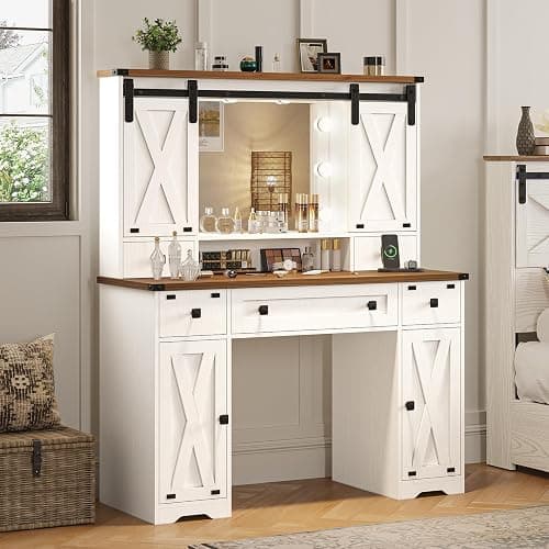 Hasuit Farmhouse Vanity Desk with Mirror and Lights, White Makeup Dressing Table with Charging Station, Rustic Vanity Mirror with Sliding Barn Door, Vanity Table with 3 Lighting Modes Adjustable - Image 1