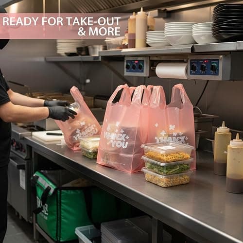 PINK Thank you bags, 100PCS T shirt bags, To Go Bags,Grocery bags, Reusable and Disposable,Perfect for Small Business,Take Out,Retails,11 inchx6 inchx21 inch(100),Large thumbnail 8
