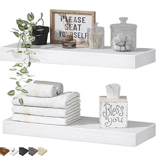 QEEIG Bathroom Floating Shelves for Wall (White, Set of 2, 15.7") | 16 inch Small Shelf Over Toilet for Farmhouse Home Decor, Rustic Plant Display, Towels Organizer (008-40W) - Image 1
