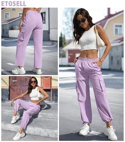 Women's High Waisted Cargo Pants Baggy Trendy Hiking Parachute Pants with Pockets Y2K Cargo Trousers Drawstring Ankles thumbnail 6
