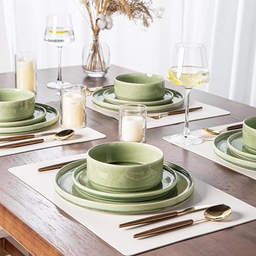 AmorArc Ceramic Dinnerware Set for 6, 18 Pieces Handmade Reactive Glaze Stoneware Plates and Bowls, Scratch Resistanct | Dishwasher & Microwave Safe Stackable Dishes Set - Oliver Green - Service for 6 thumbnail 6