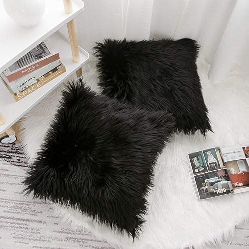 WLNUI Black Faux Fur Throw Pillow Covers 18x18 Inch Set of 2, Luxury Fluffy Shaggy Plush Cushion Cases for Couch Sofa Bed Living Room Decor, Soft Fuzzy Pillow Covers with Hidden Zipper thumbnail 4