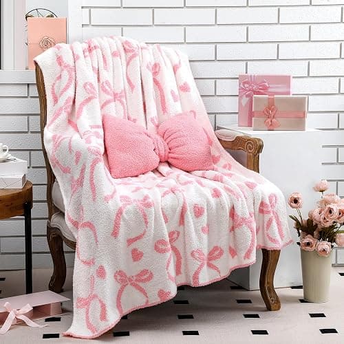 Hillsuren Valentine's Day Pink Bow Throw Blanket and Pillow Set Include Coquette Blanket 50 x 60 Inch and Pink Bow Plush Throw Pillows Cushion for Girls Women Gift Couch Sofa Bed Nursery Preppy Room thumbnail 8