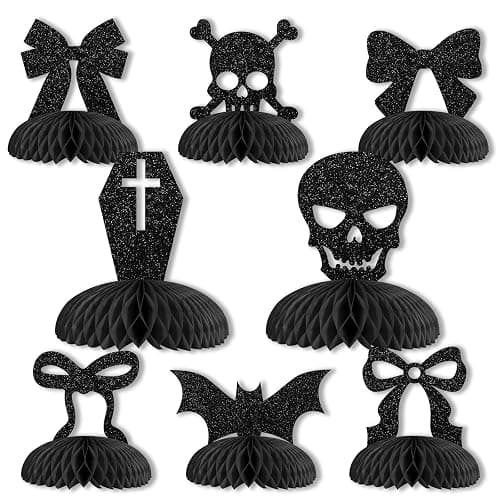 Cheerupp 8 Pcs Gothic Black Bow Glitter Honeycomb Centerpieces Decorations, Black Table Toppers Decor, Skull Skeleton 3D Table Signs for Bachelorette Birthday Party Supplies - Image 1
