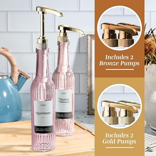 COOK WITH COLOR Glass Coffee Syrup Dispenser with Pump- Set of 2 Syrup Bottles for Coffee Bar, Decorative 350 ML Bottle with Ceramic Holder, Funnel, Labels and Extra Pumps, Textured Pink thumbnail 5