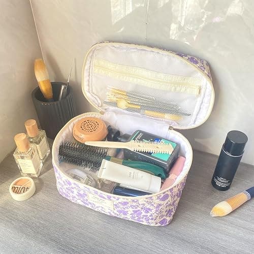 WYJ Purple Large Quilted Floral Makeup Bag Cute Soft Coquette Aesthetic Cosmetic Bag Cotton Travel Toiletry Bag for Women thumbnail 2