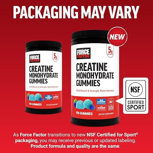 Force Factor Creatine Monohydrate Gummies, NSF Certified, 5g Dose for Men & Women to Support Muscle, Strength, Recovery, Cognitive Health & Memory, Packaging May Vary, Blue Raspberry, 150 Gummies thumbnail 6