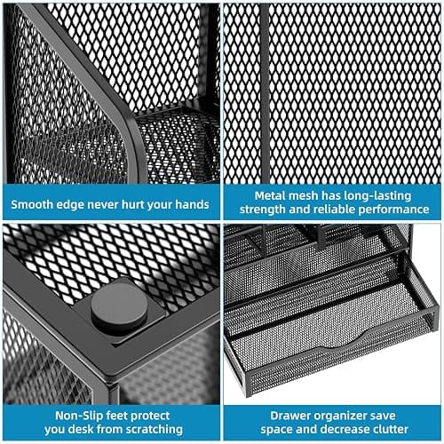 Marbrasse Mesh Pen Holder for Desk, Multi-Functional Pencil Organizer with Drawer, Desk Organizers and Accessories for Office Art Supplies (Black) thumbnail 6