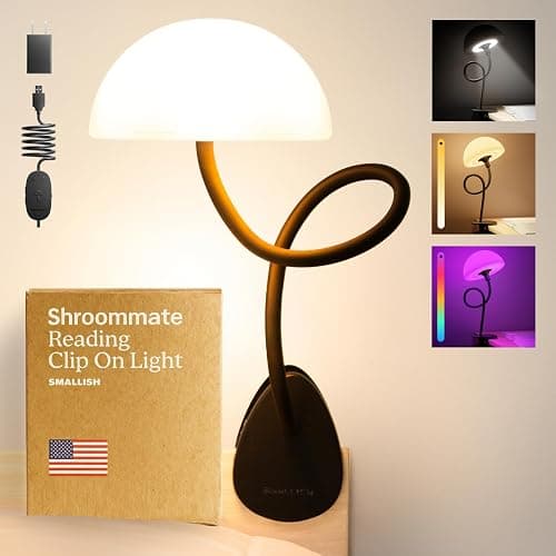 Shroommate Clip On Light and Bed Headboard Lamp, Bedside Table Lamp for Dorm, College Dorm Room Essentials, Night Light for Kids Nursery, Clip on for Desk, MultiColor LEDs, Adapter Included (Black) - Image 1