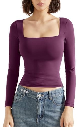 SUUKSESS Women Square Neck Long Sleeve Tops Double Lined Going Out T Shirts - Image 1