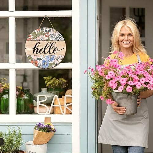 Whaline Vintage Hello Front Door Sign Boho Flower Welcome Wall Sign Colorful Floral Wooden Hanging Wreath for Spring Summer Holiday Indoor Outdoor Farmhouse Home Porch Window Decor thumbnail 6