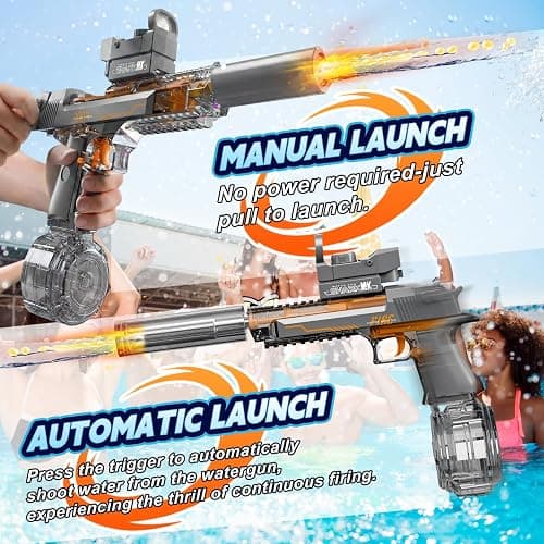 UROINT Electric Water Gun Toy, Automatic Squirt Blaster Pistol Kids, Adults | Realistic LED Light-Up Long Range Pistol. Rechargeable Watergun Black Outdoor Pool Beach Ideal gift for kid 6+ adults summer. thumbnail 2