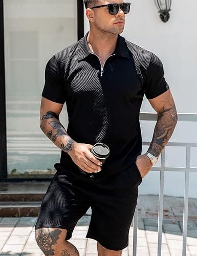 URRU Men's Polo Shirt and Shorts Set Summer Outfits Fashion Casual Short Sleeve Polo Suit for Men 2 Piece Short Set thumbnail 3