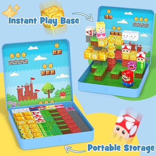 hunloot 49PCS Mini Magnetic Tiles Travel Toys for Kids Ages 4-8, Magnetic Building Blocks Adventure Set with Portable Iron Storage Box & Play Base, STEM Learning Activities for Toddlers 3-5 thumbnail 4
