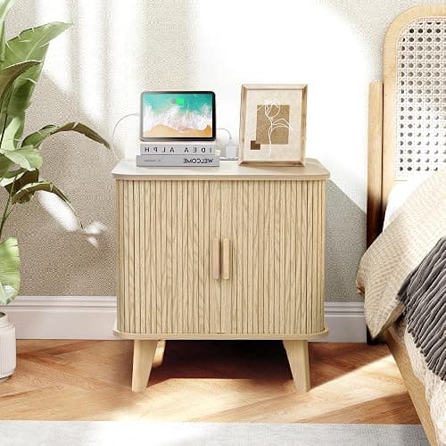 RUSTYER Farmhouse Square End Table with Charging Station, 24" Large Fluted Sofa Side Table with Sliding Tambour Door and Storage, Rustic Curved Wood Nightstand for Living Room, Bedroom, Natural thumbnail 7