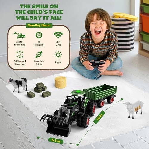 Remote Control Tractor Toy with Trailer | Metal Front Loader Farm Vehicle Set with Lights & 8-Wheel Design, RC Tractor Truck for Boys & Girls Ages 3-9, Fun Farm Toy Gift for Toddlers & Kids thumbnail 7