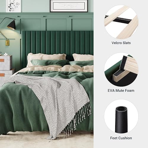 Allewie Queen Bed Frame, Velvet Upholstered Platform Bed with Adjustable Vertical Channel Tufted Headboard, Mattress Foundation with Strong Wooden Slats, Box Spring Optional, Easy Assembly, Green thumbnail 5