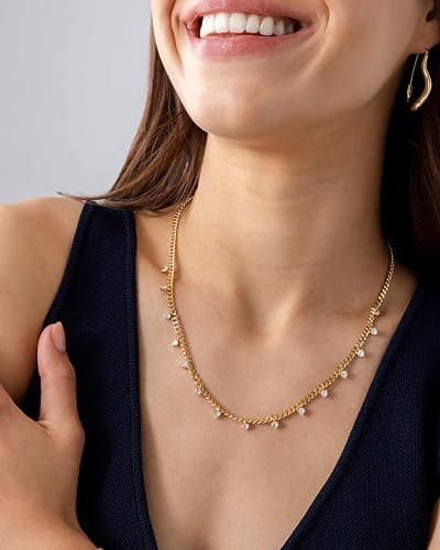 PAVOI 14K Gold Plated Station Necklace - Simulated Diamond Layering Necklaces - Womens CZ Chain thumbnail 3