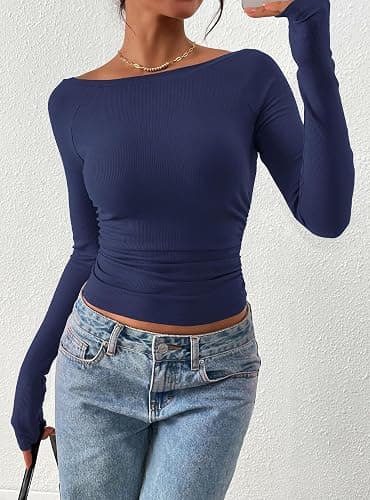 PRETTYGARDEN Long Sleeve Shirts for Women 2025 Fall Ruched Sides Boat Neck Basic Tee Casual Fitted Ribbed Knit Crop Tops thumbnail 4