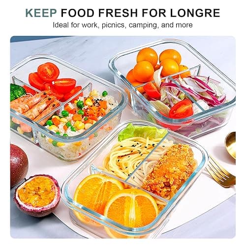 KOMUEE Glass Meal Prep Containers 3 Compartments, 5 Pack 36 oz, Glass Food Storage Containers with Lids, Airtight Lunch Bento Box, Portion Control, Freezer and Microwave Safe thumbnail 6