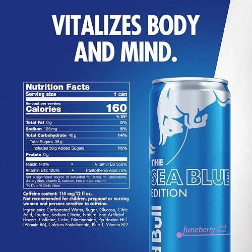 Red Bull Sea Blue Edition Energy Drink, Juneberry, with 114mg Caffeine plus Taurine & B Vitamins, 12 Fl Oz, Pack of 24 Cans thumbnail 2