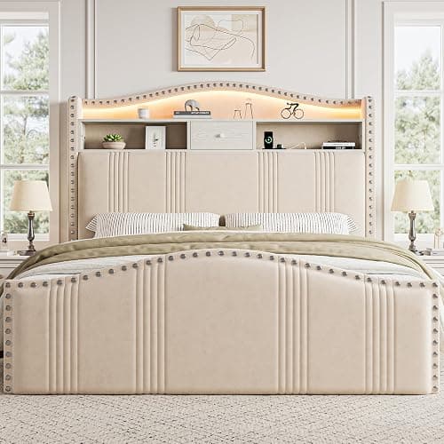 CIKUNASI 51.5" Full Size Bed Frame with Headboard and Storage | Velvet Upholstered Bed Frame with LED Lights & Charging Station | No Box Spring Needed Tall Footboard White thumbnail 7