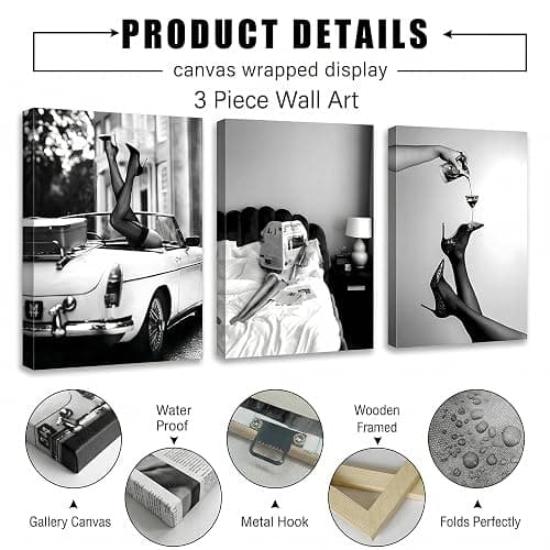 Set of 3 Framed Stylish Women Reading Newspaper Before Bed Wall Art, High Heels Vintage Car Posters, Feminist Black And White Vintage Canvas Prints pictures ， Home living room wall decoration bar cart thumbnail 8