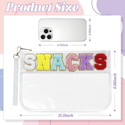 Buycard Snack Bag for Travel with Chenille Letter Patch-Preppy Waterproof Pouch for Travel, Makeup, Gym,Zippered Cosmetic Tote for Women & Girls,Holiday Essentials for Kids. (White) thumbnail 3