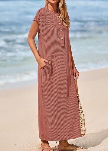 KIRUNDO Womens Summer Dresses 2026 Spring Ribbed Knit Henley Short Sleeve Maxi Dress Button Up Loose Beach Vacation Sundress thumbnail 7