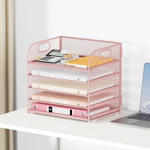 5 Tray Paper Organizer Letter Tray with Handle - Mesh Desk File Organizer, Paper Sorter Organizer for Office, Home or School File Folder Holder - Pink - 5 Tier - Pink thumbnail 2