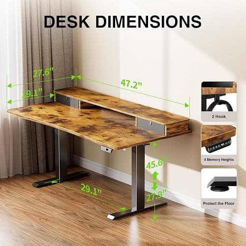 Veken 47.2"×27.6" Standing Desk with Storage Drawers, Adjustable Height Computer Table with Monitor Shelf, Home Office Desk for Study, Gaming, Workstation, Brown thumbnail 3