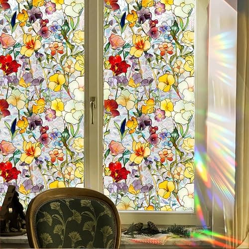 Floral Stained Glass Window Privacy Film, Retro Decorative Rainbow Window Privacy Film Sun Blocking, Magnolia Flower Glass Decal,Static Cling Stickers for Living Room, Car Sunroof. (H, 17"W x 78.74"L) thumbnail 7