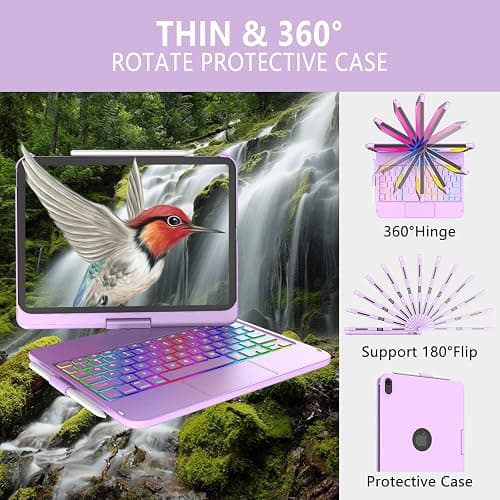 CC Store for iPad (A16) 11th 10th Generation Case with Keyboard - 7 Color Backlit 360° Swivel Multi-Touch Track Pencil Holde for iPad 11-inch A16 2025 10th Gen 10.9 Inch 2022 (Light Purple) thumbnail 3
