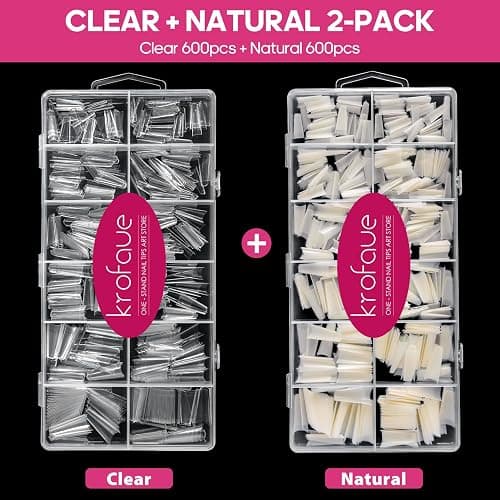 Krofaue 1200PCS Coffin Nail Tips, Clear & Natural Half Cover, 12 Sizes | Clear & natural, ABS material, C-curve half cover, 12 sizes with box, easy to decorate, for salon and home DIY thumbnail 2