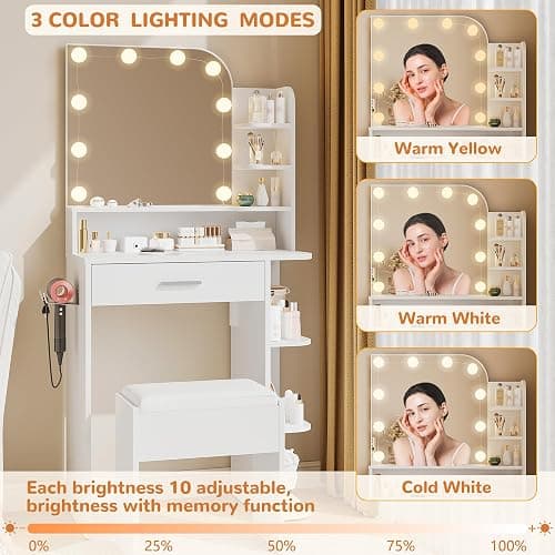 wanan Makeup Vanity with Chair, Small Vanity Desk with Mirror and Lights 3 Colors, Girls Vanity Set with Power Outlet, Compact Vanity Table for Small Space, White thumbnail 5