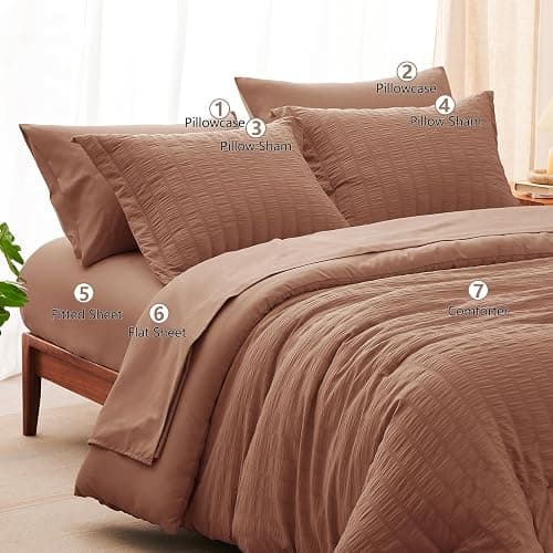 CozyLux Queen Comforter Set Mocha Mousse Seersucker 7 Pieces Bed in a Bag Queen Comforter Set with Sheets, Luxury Bedding Sets with Down Alternative Comforter, Sheets, Pillowcases & Shams All Seasons thumbnail 8