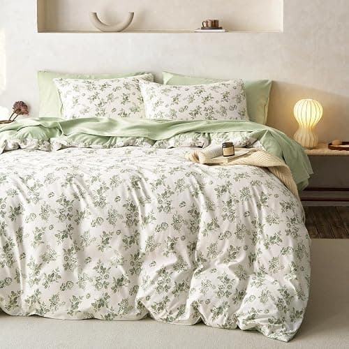 Wake In Cloud - Cottagecore Comforter Set, Floral Vintage Flower Shabby Chic Coquette Aesthetic for Women Teen Girls, Soft Lightweight Dorm Bedding, 3 Pieces, Sage Green, Full Size thumbnail 3