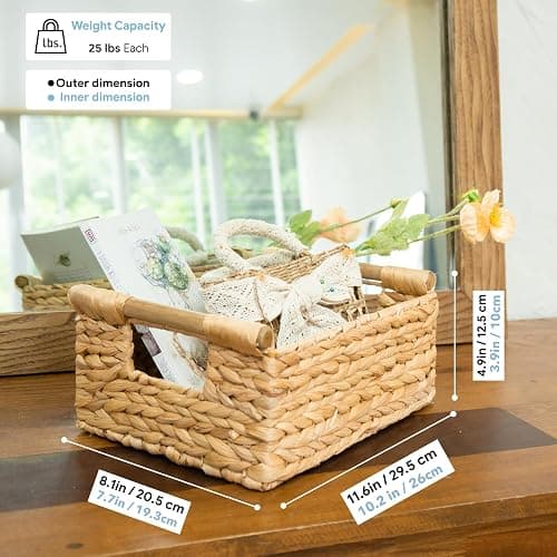 VATIMA Hyacinth Small Wicker Basket 11.6x8.1x4.9" - Bathroom Organizer, Wooden Handle, Decorative Storage thumbnail 3